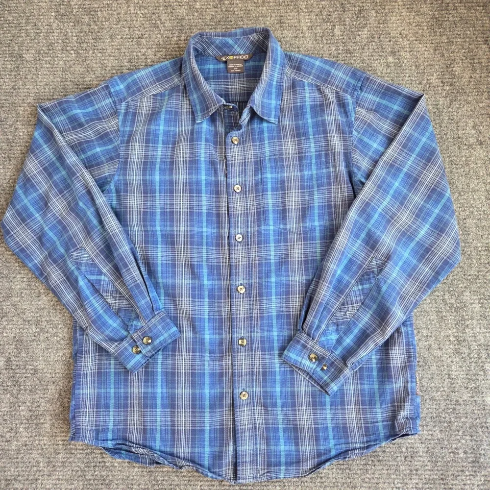 ExOfficio Mens Blue Plaid Long Sleeve Button Down Shirt Hidden Pocket Large